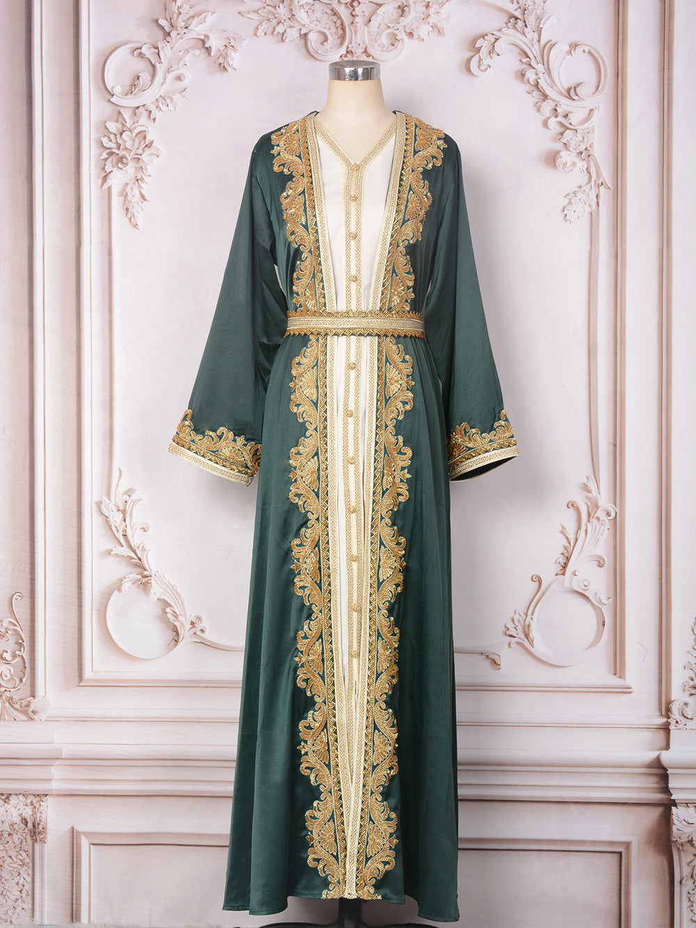 Muslim Women's Beaded Two-Piece Dress Set in Pink, Green & Red, Sizes S-XXL