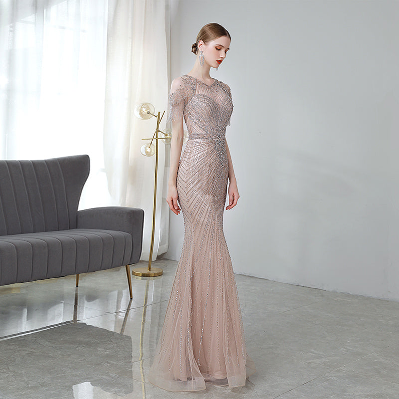 Robe de soirée sirène rose racine de lotus de luxe pour femme