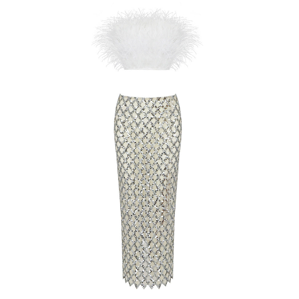 Ensemble décontracté en dentelle avec jupe mi-longue pour femme, blanc et noir