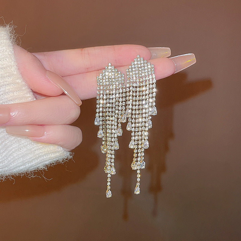 Silver Needle Exquisite Full Diamond Long Fringe Earrings