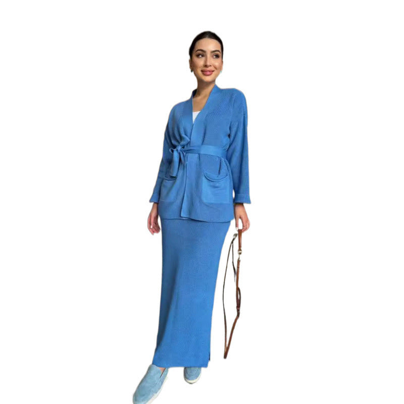 Thermal Knitted Lace-Up Cardigan & Long Skirt Two-Piece Sweater Set