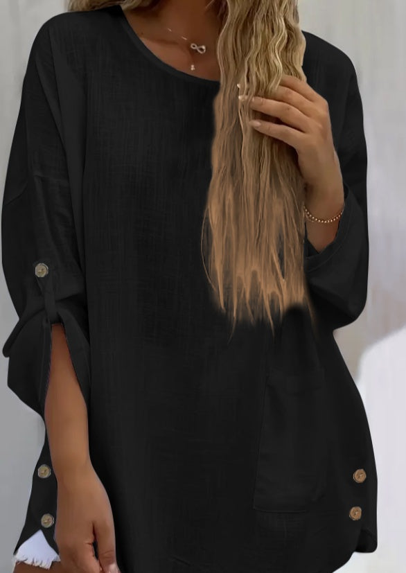 Cross-Border Women'S Fashion Casual Solid Color Comfortable Pocket Pullover Long Top With Slight Transparency.