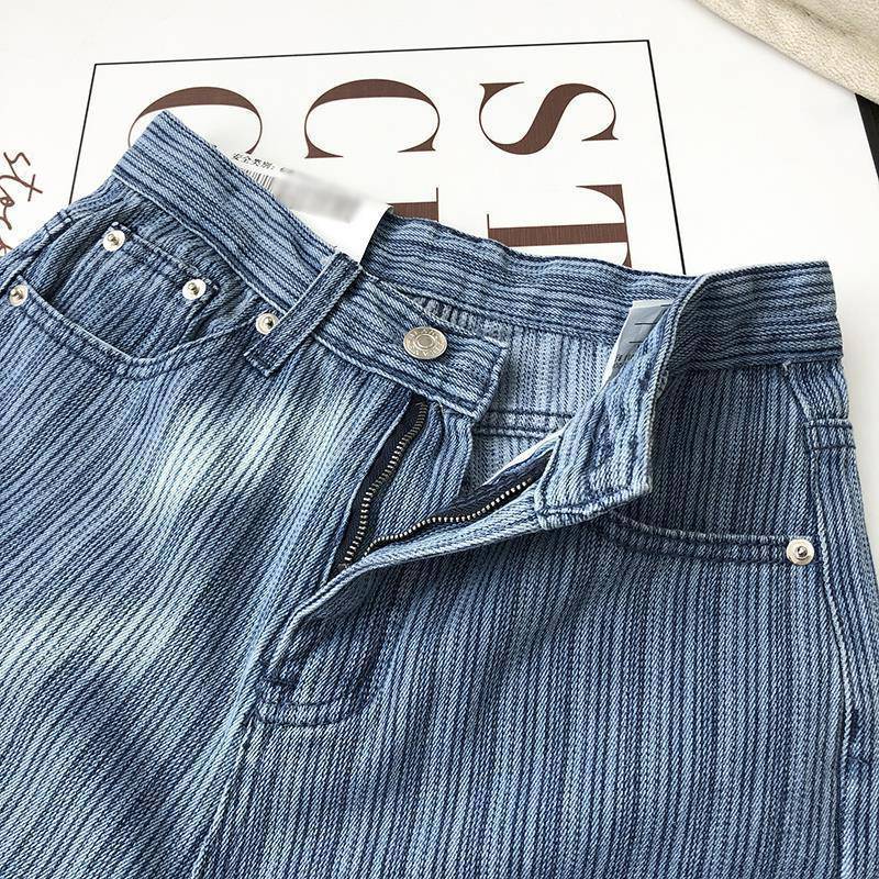 Women's Loose High Waist Straight Vertical Stripe Jeans