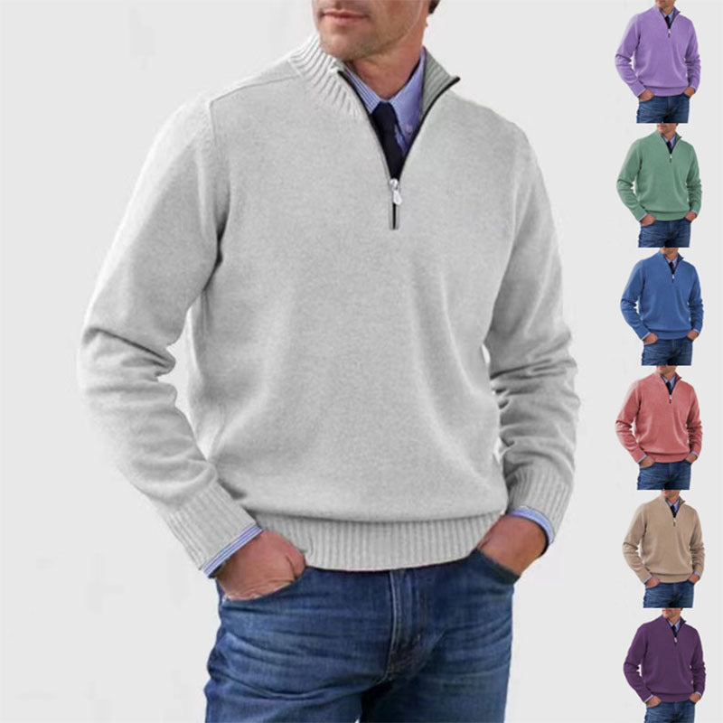 Pull tricoté à col montant zippé à manches longues pour homme, coupe ajustée