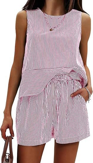 Vertical Striped Waist Round Neck Sleeveless Suit