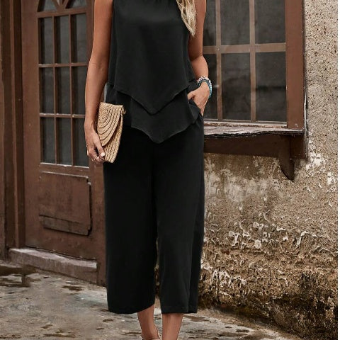 Women Summer Solid Color Asymmetric Hem Camisole And Pants 2 Piece Set