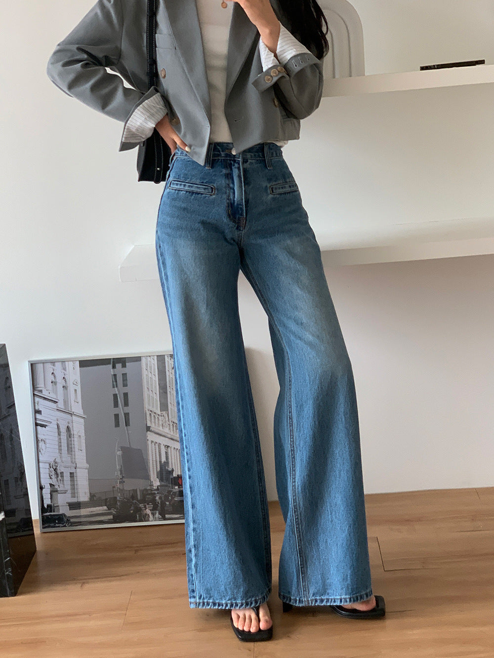 Retro High Waist Chenille Wide Leg Jeans for Women S-XL