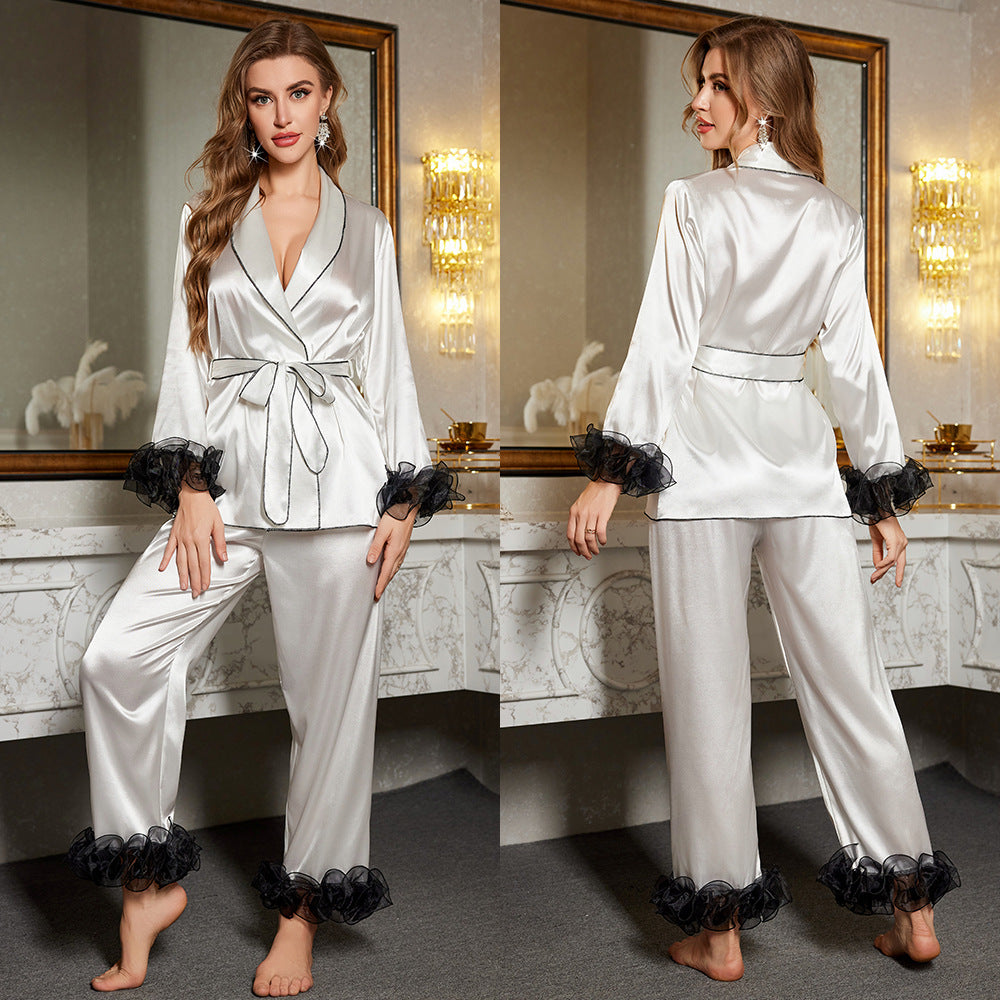 Ensemble de pyjama de luxe pour femme en soie glacée Yao Ting, dentelle, manches longues et pantalon