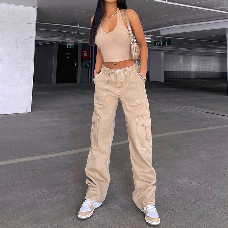 Pantalon droit multi-poches taille haute style workwear