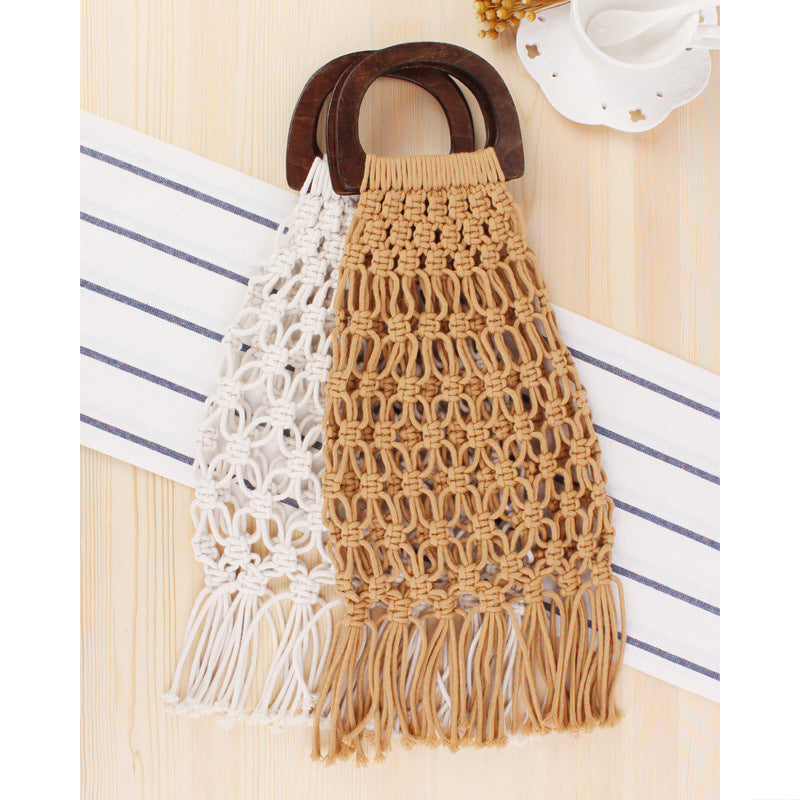 New Wooden Handle Portable Net Bag Straw Woven Bag Cotton Rope Hand-woven Bag