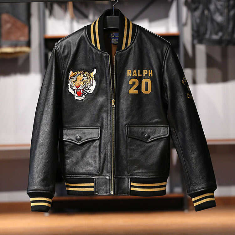 Men's Black Sheepskin Casual Standing Collar Leather Jacket