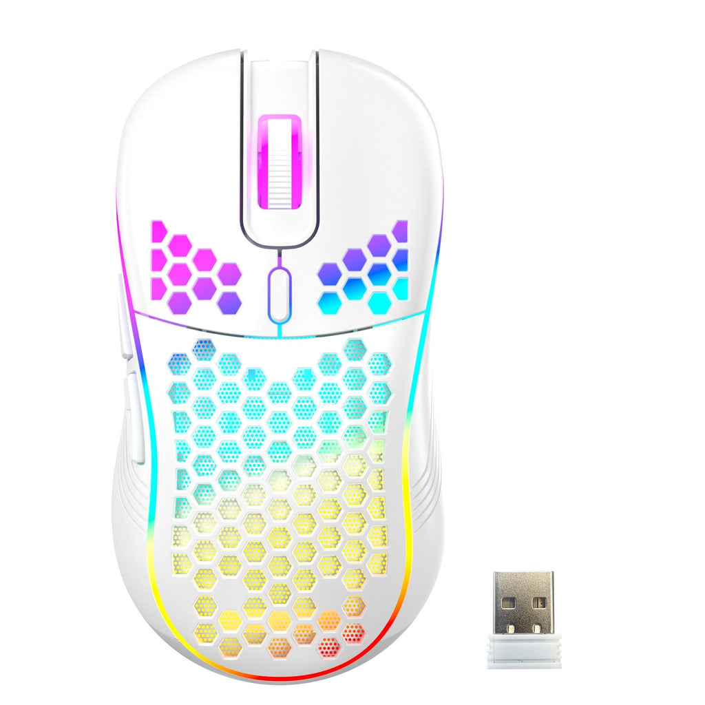 ماوس ألعاب لاسلكي خفيف الوزن مجوف ومضيء أسود أبيض USB
