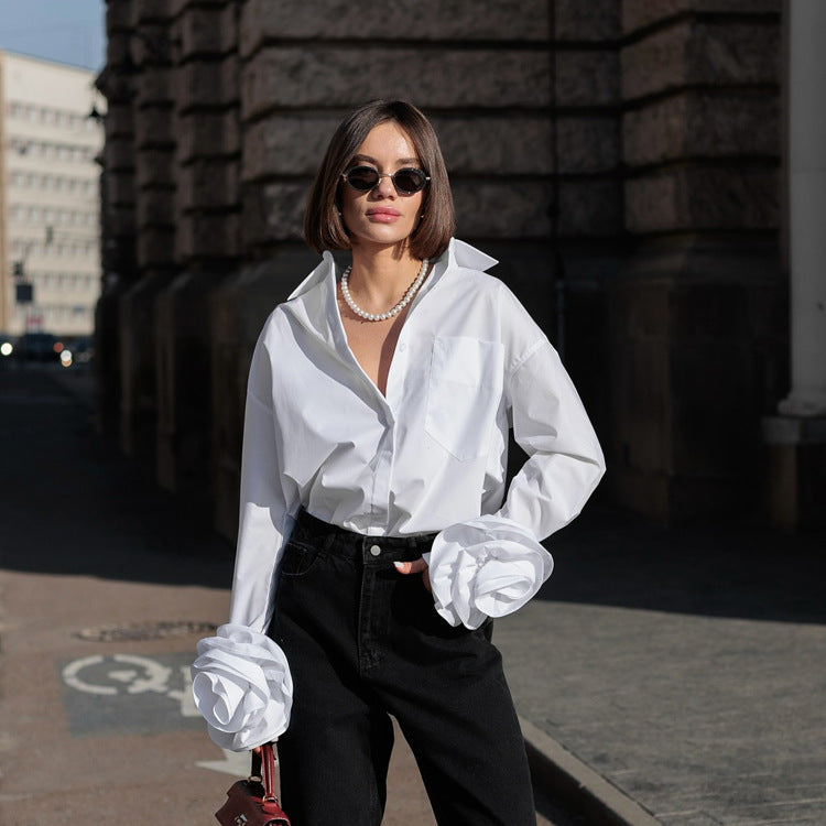 White Stitching Flower Long Sleeve Cotton Shirt