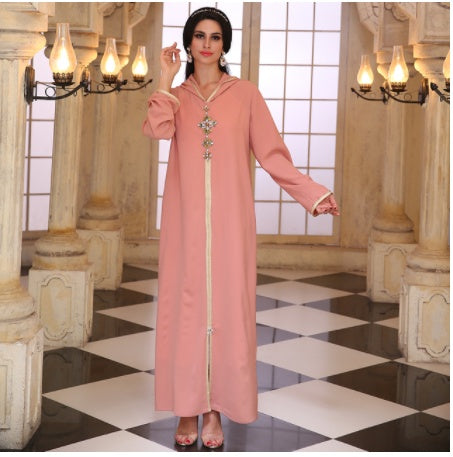 Pure Color Beaded Hooded Middle Eastern Robe Dress