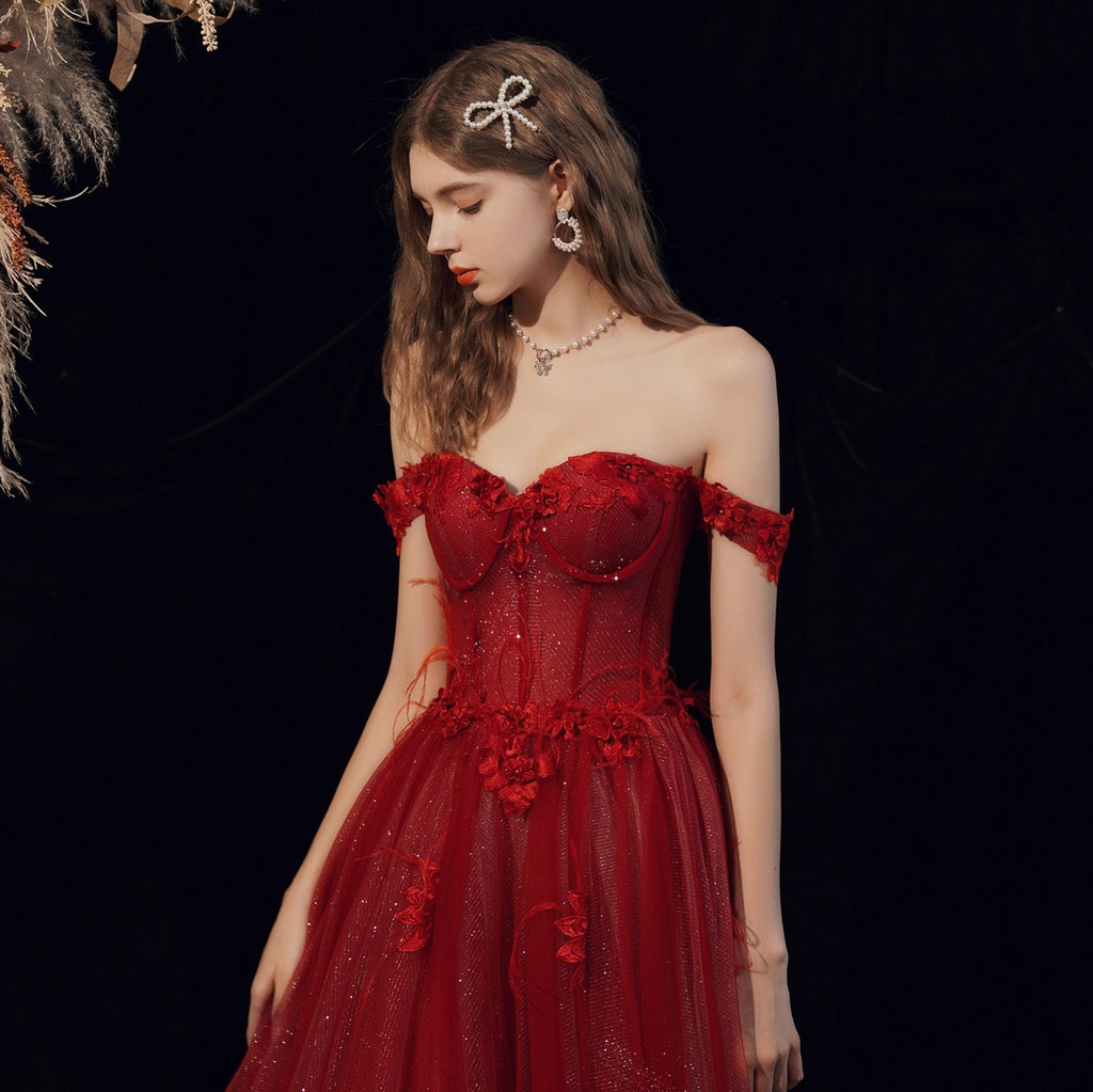 Mom's Wine Red Wedding Toast Dress with Handmade Flowers for Annual Meeting