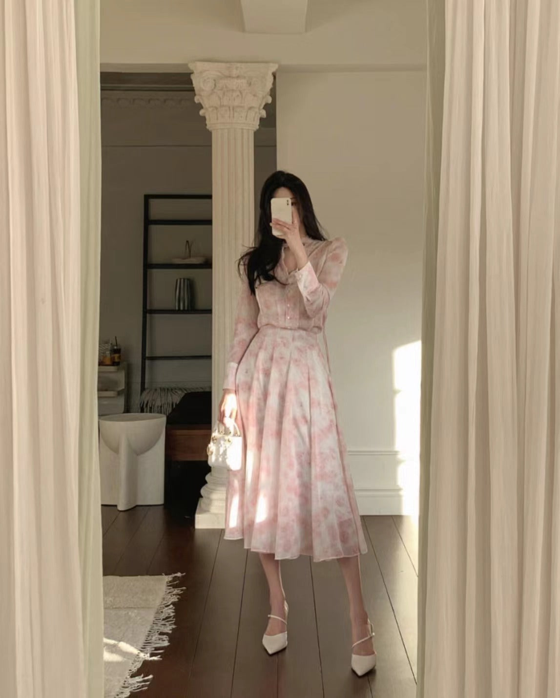 High Waist Floral Skirt Suit for Women, Blouse + Skirt Set, S-M