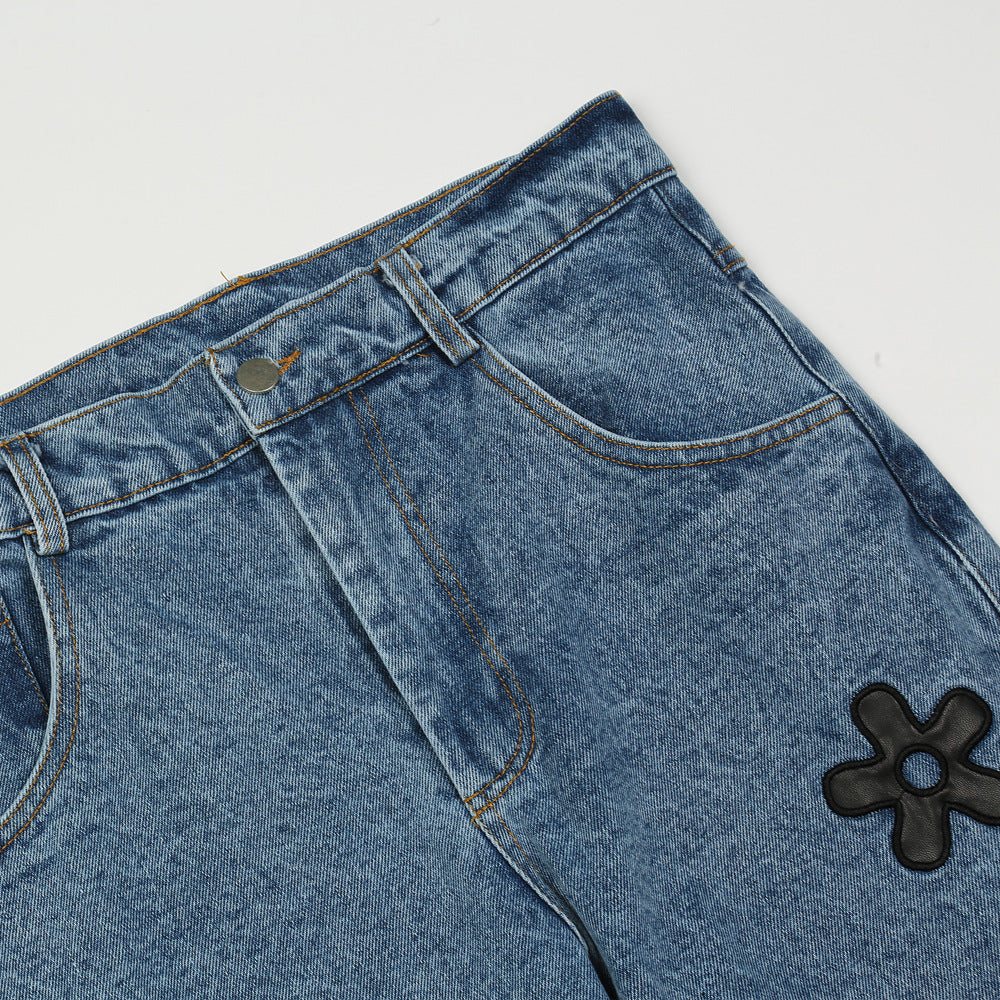 Loose Straight Blue Embroidered Casual Cotton Blend Trousers