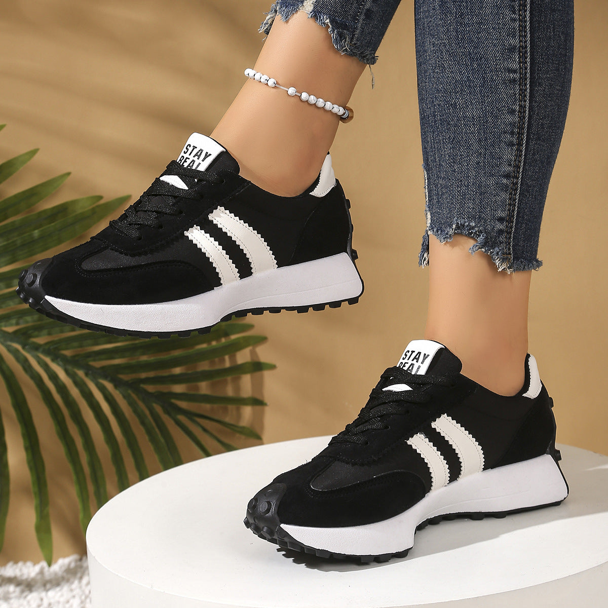 Women's Stripe Lace-Up Sneakers Breathable Thick Bottom Casual Sports Shoes
