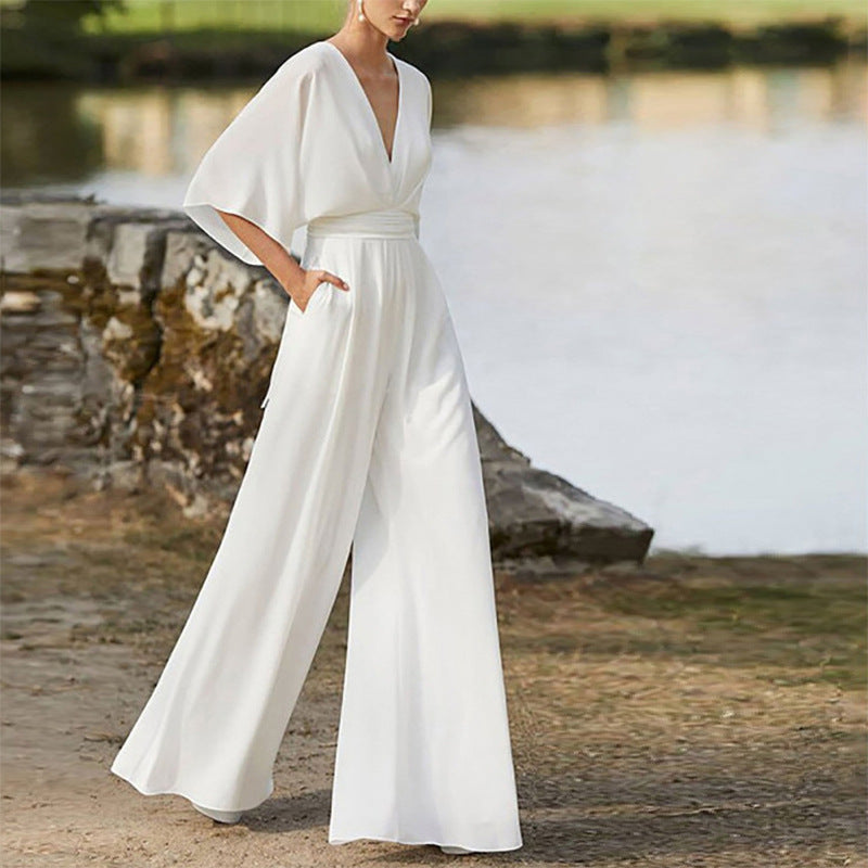 Women's Deep V High Waist Wide Leg Jumpsuit
