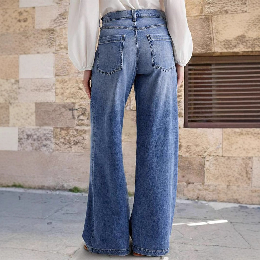 Blue Embroidered High Waist Elastic Straight Denim Pants