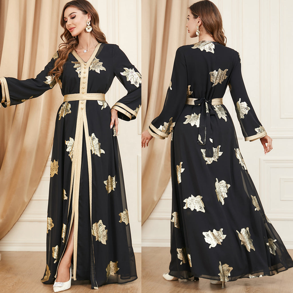 Robe deux pièces en mousseline de soie noire avec perles à ongles pour femmes musulmanes du Moyen-Orient M-XXL