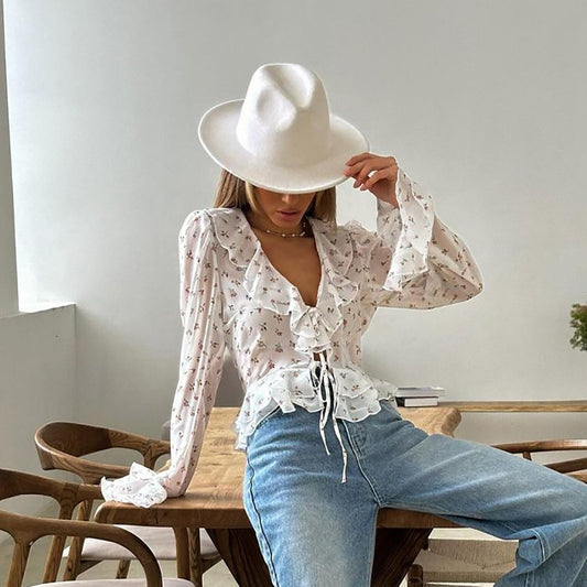 Women's Chiffon Printed Slim-fit Flared Sleeves Tied Lotus Leaf Shirt