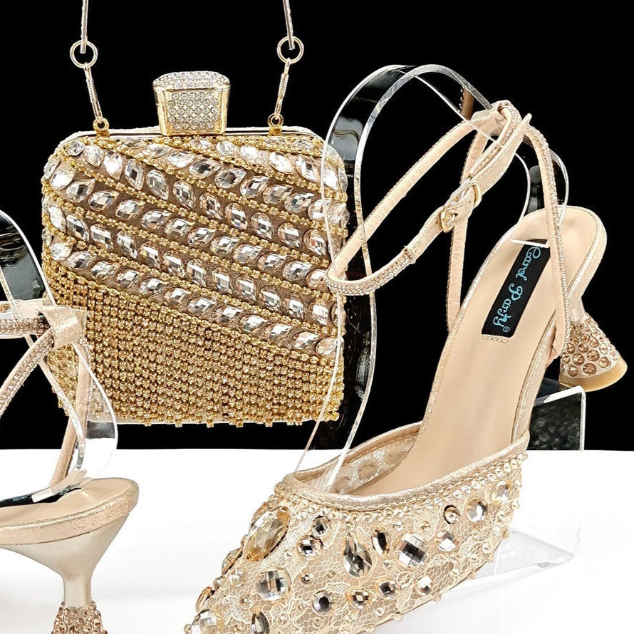Ensemble de sandales à talons hauts et de sac à main à pompon 3D avec grands strass