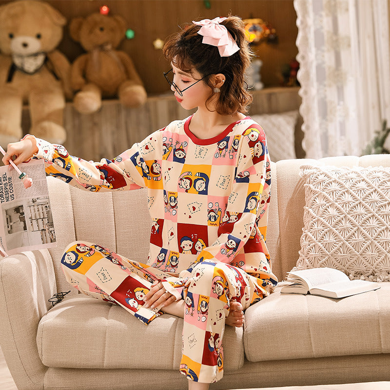 Ladies Cotton Long-Sleeve Cartoon Pajama Set for Home & Outside Wear