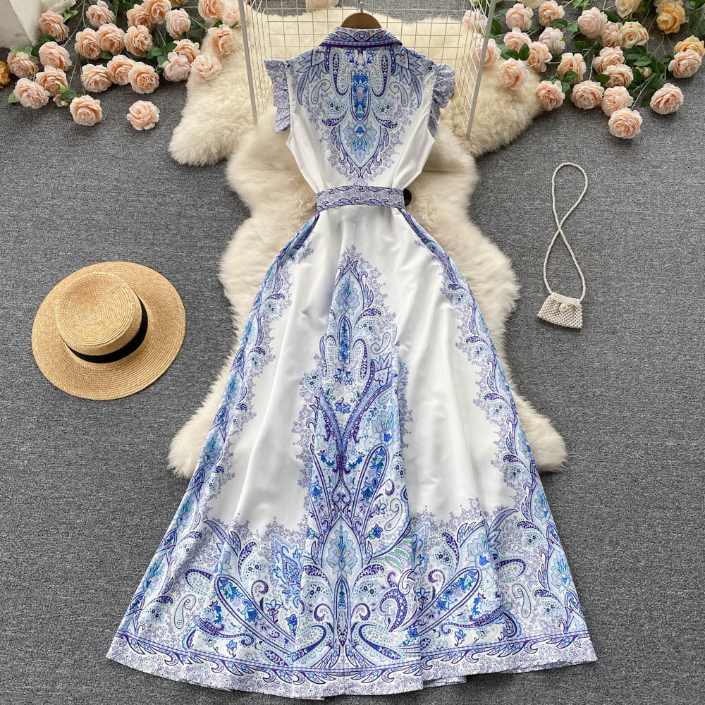 Robe Rétro Femme d'Été Col Polo Taille Haute à Lacets, Blanche et Bleue