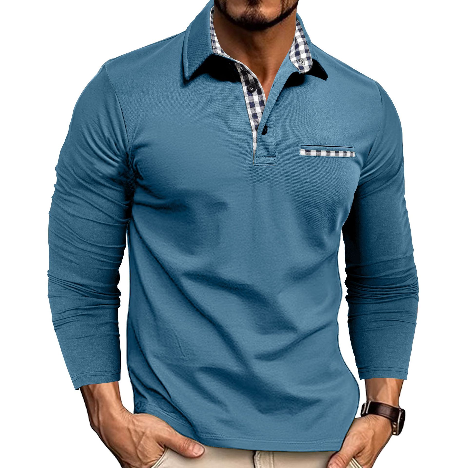 Men's Casual Plaid Splicing Lapel Polo Shirt Long Sleeve Top