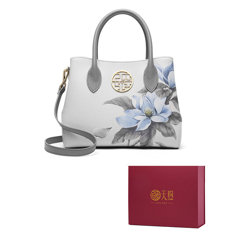 Women's Stylish Cow Leather Handbag with Floral Design and Zipper Closure
