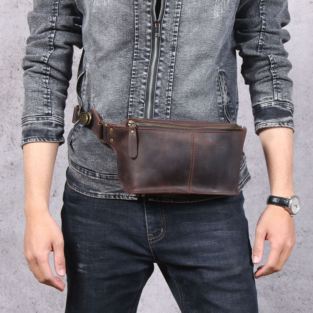 Men's Large-Capacity Dark Brown Cowhide Leather Retro Chest Bag Crossbody