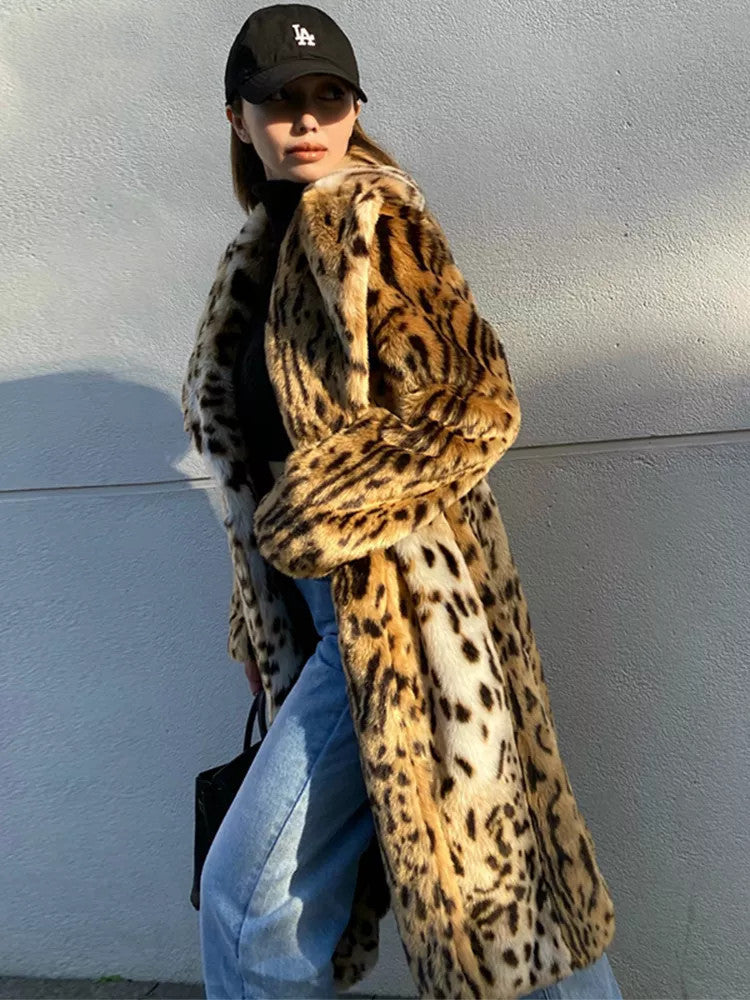 Leopard Print Faux Fur Coat for Women, Sizes S-XXXL
