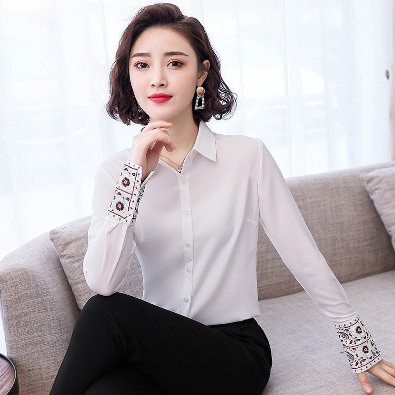 Chemisier en mousseline brodé blanc à manches longues pour femme style chinois