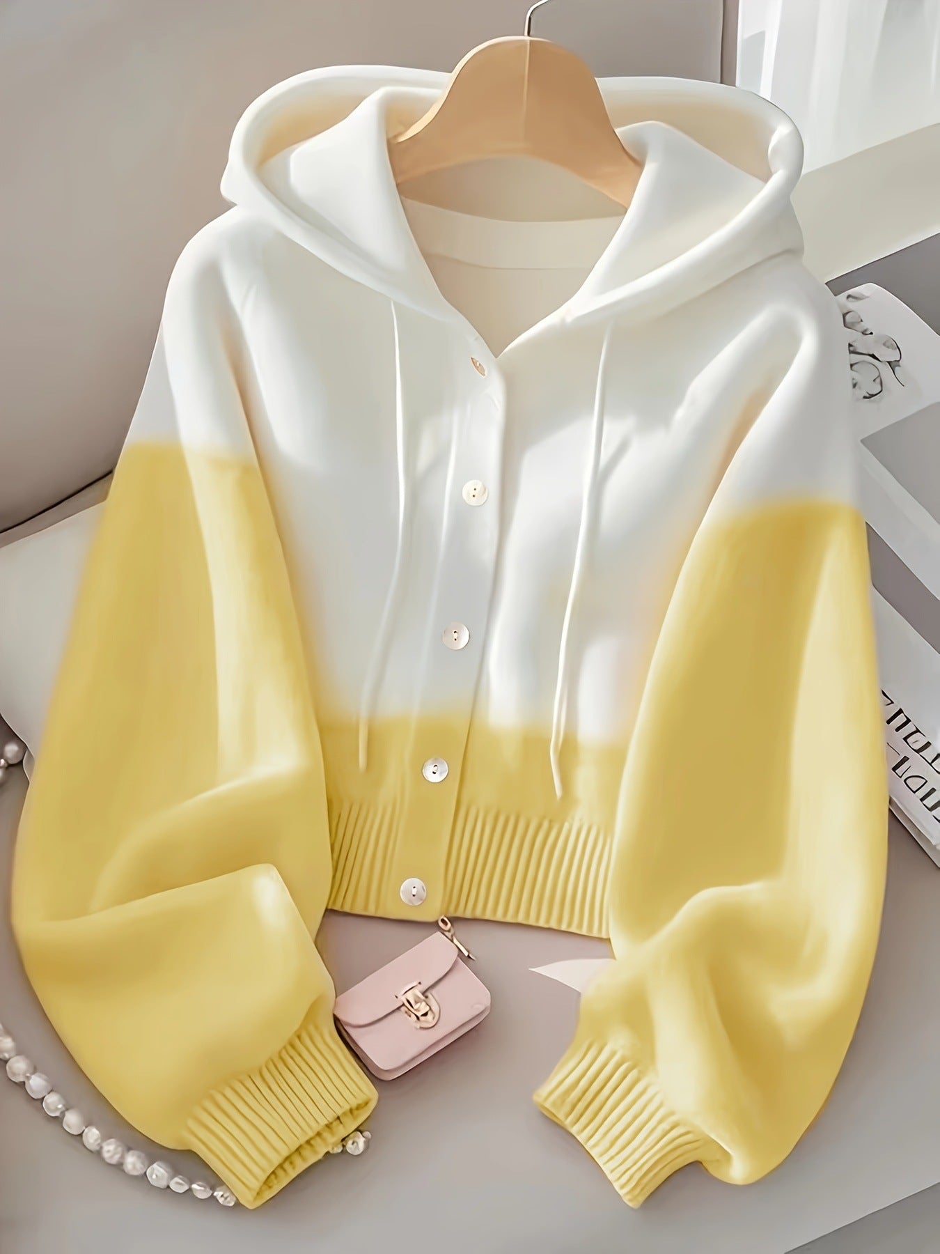 Patchwork Hooded Knitted Top High-Grade Lazy Cardigan