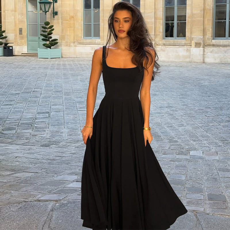Square Collar Sleeveless High Waist Pleated Long Dress