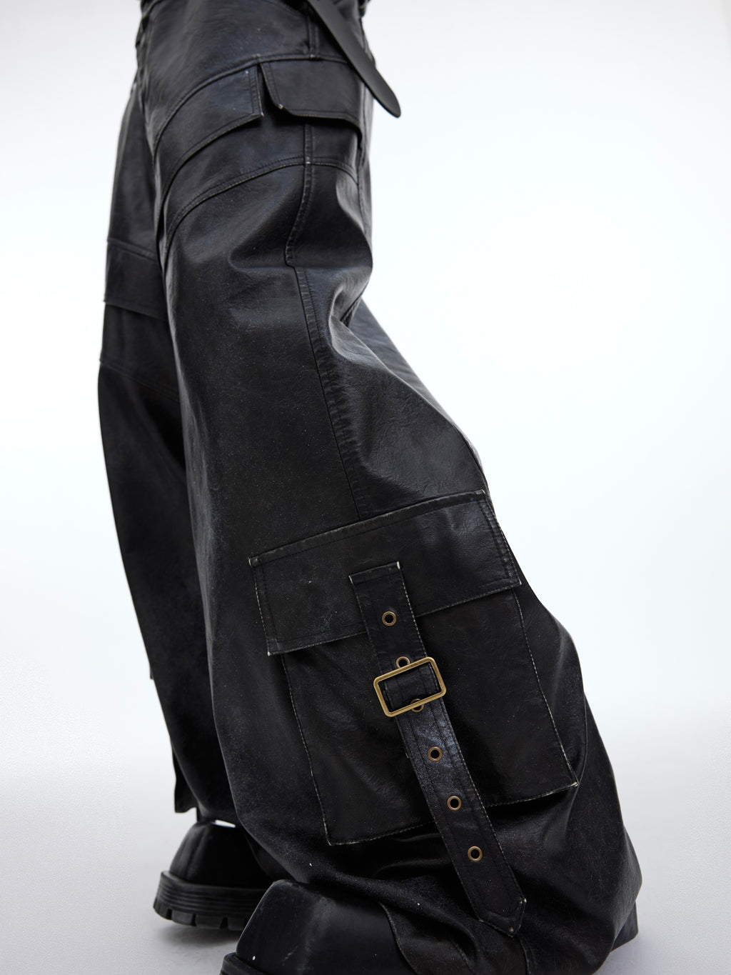 Pantalon décontracté Punk en similicuir éclaboussé d'encre avec poches
