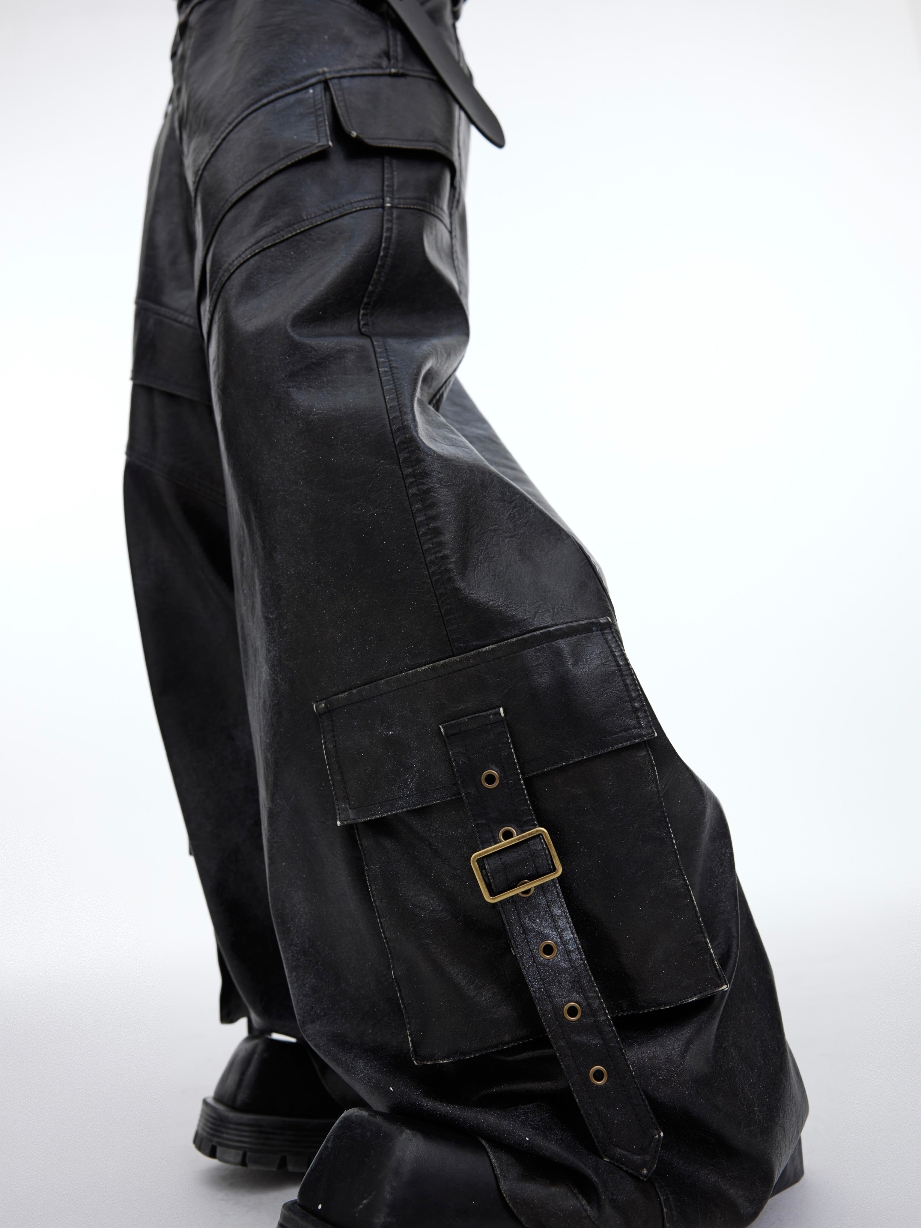 Pantalon décontracté Punk en similicuir éclaboussé d'encre avec poches