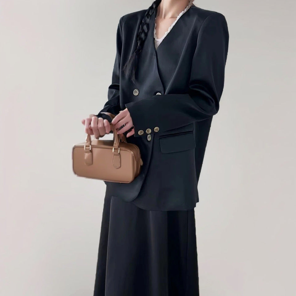Double Breasted Women's Suit Jacket and Skirt Set in Solid Colors