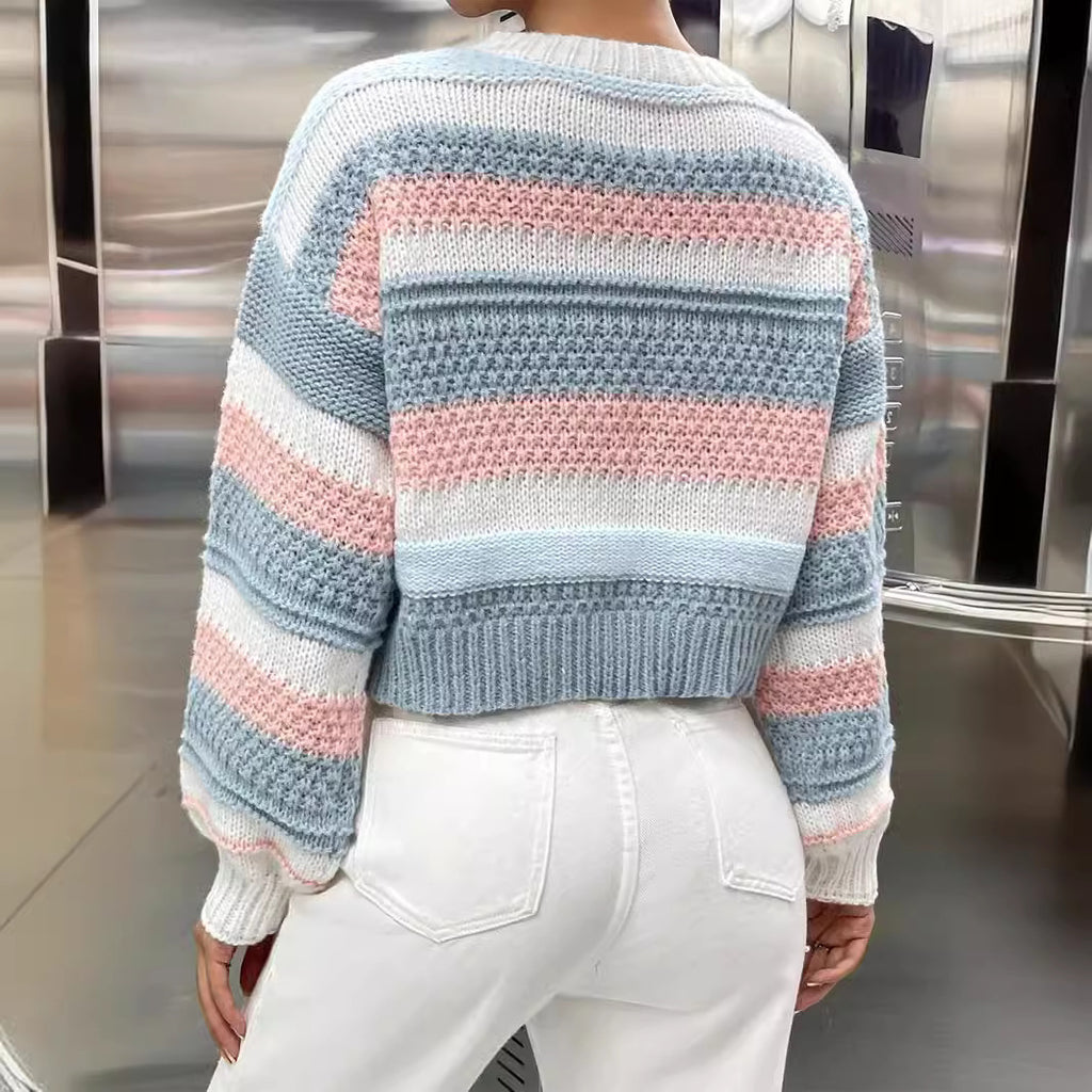 Pull Tricoté Élégant à Rayures Contrastantes Femme Printemps Automne