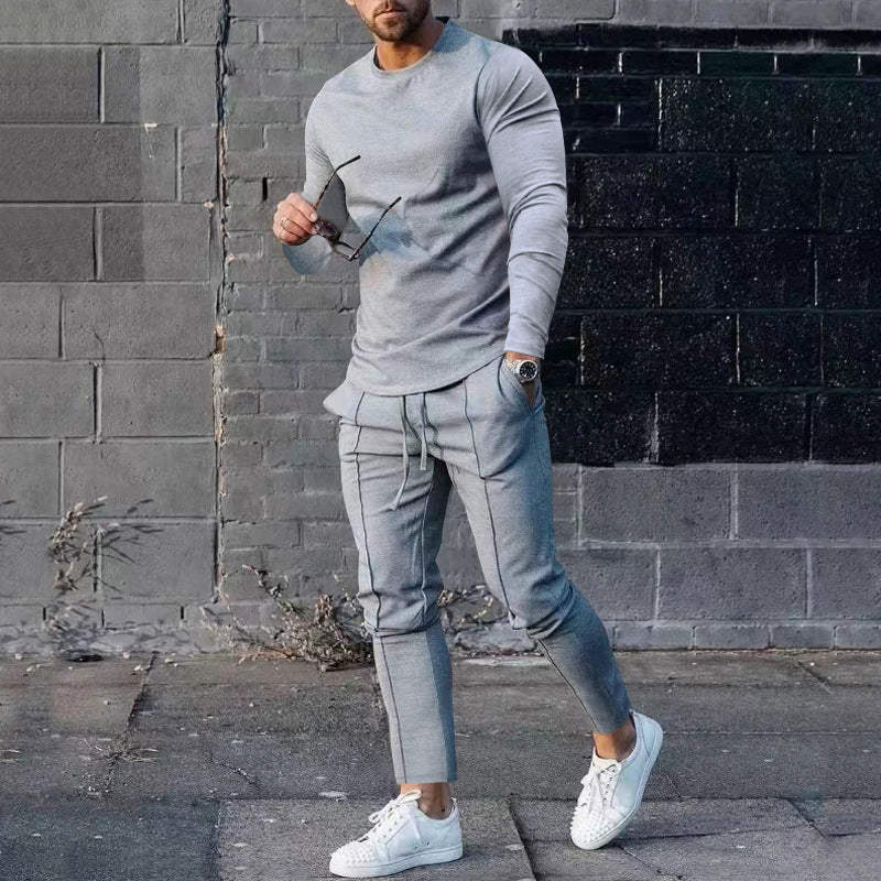 Ensemble pull col rond à manches longues coupe ajustée et pantalon cigarette à cordon de serrage pour homme