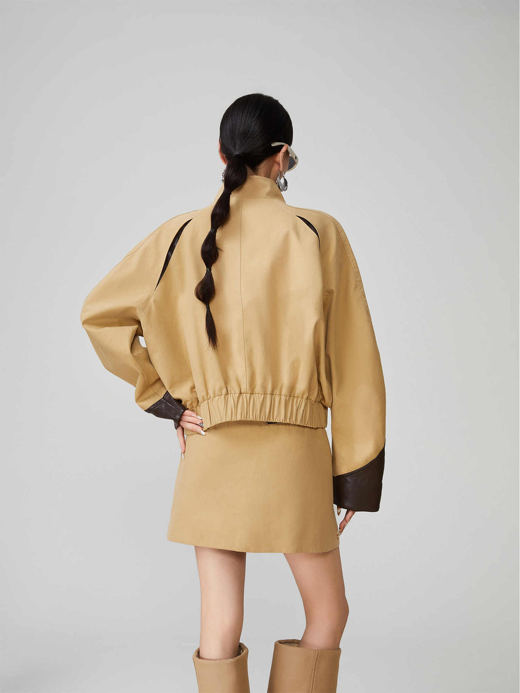 Leather Patchwork Stand-Up Collar Two-Piece Suit with A-Line Skirt for Women