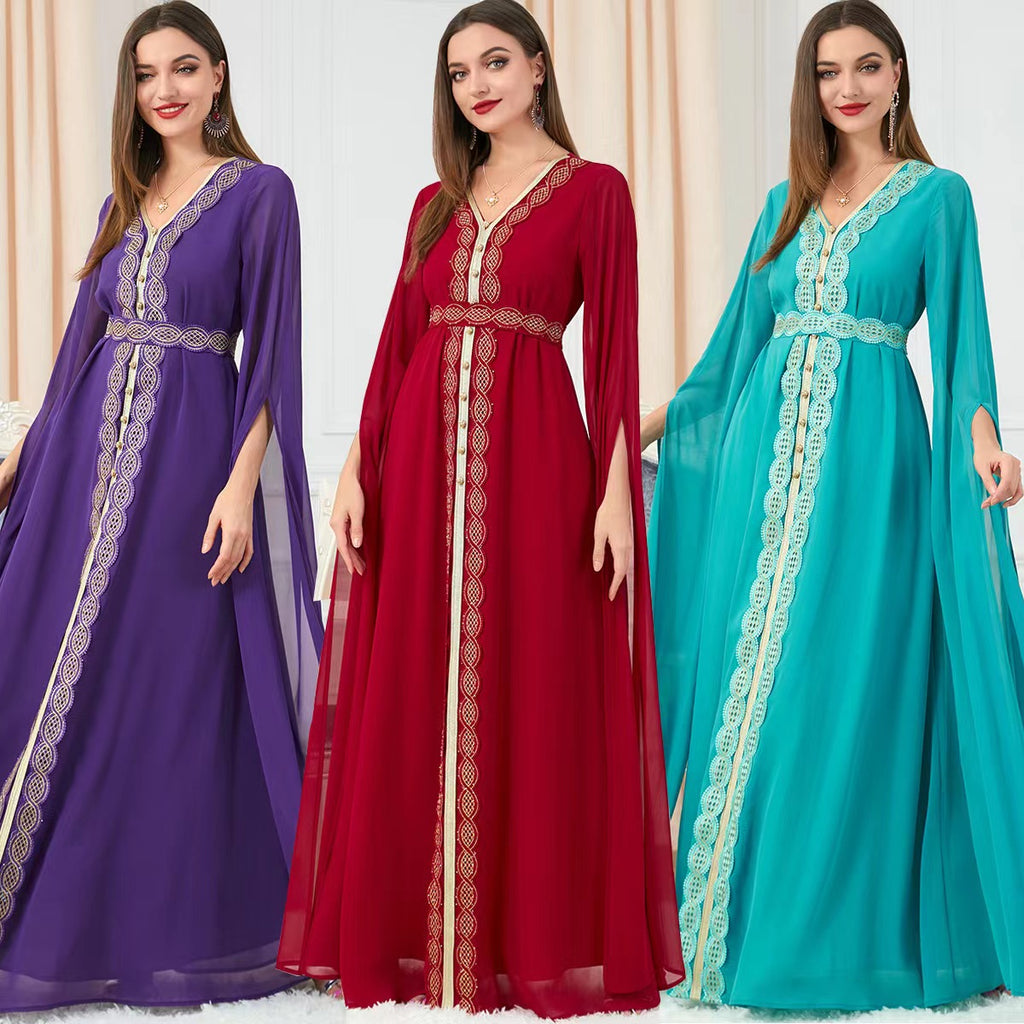 Robe de soirée élégante à col en V ethnique avec épissure en rose, vert et violet