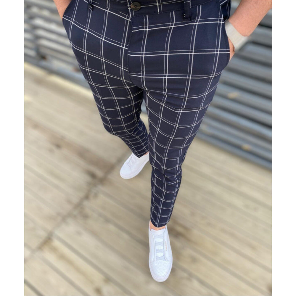 Men's Mid Waist Plaid Casual Tapered Trousers