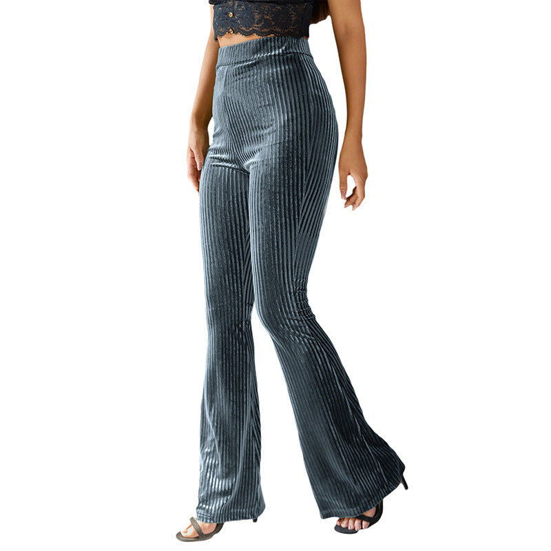 Women's Casual Dark Gray Striped Bell-Bottom Pants Mid Waist
