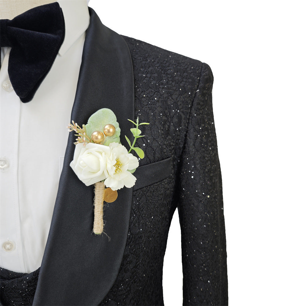 Shiny Black Men's 3-Piece Suit Set Slim Fit Wedding Groomsmen