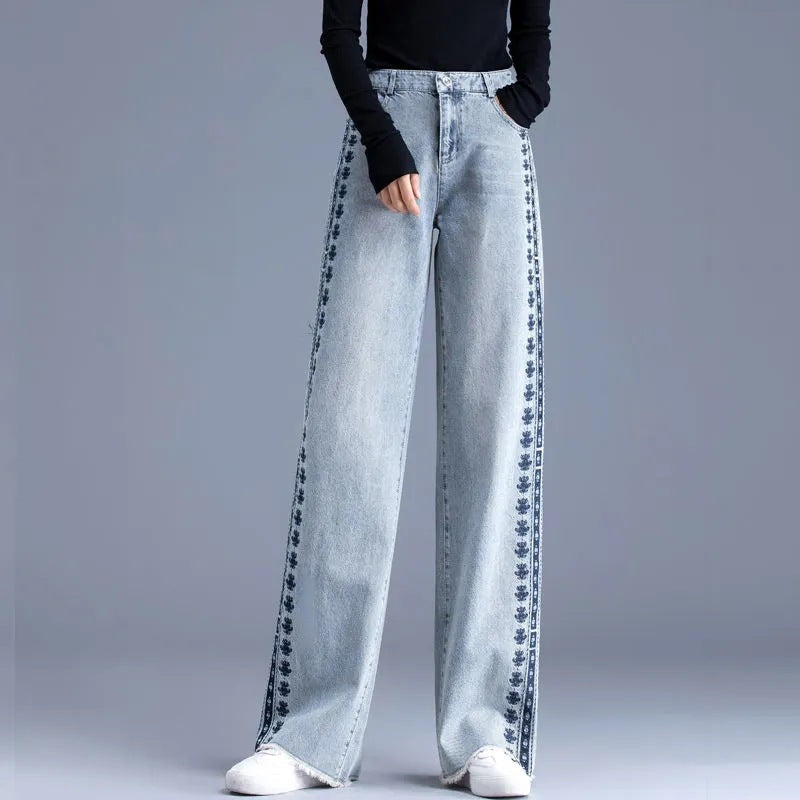 Jeans Femme Taille Haute Ample Jambes Larges Effet Délavé Style Rétro
