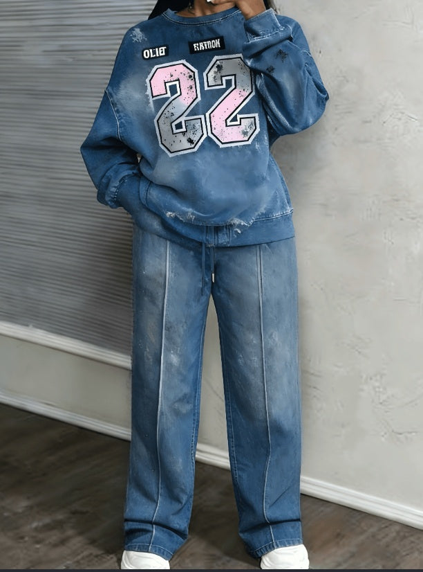 Digital Printed Sweater And Wide-leg Pants Denim Set