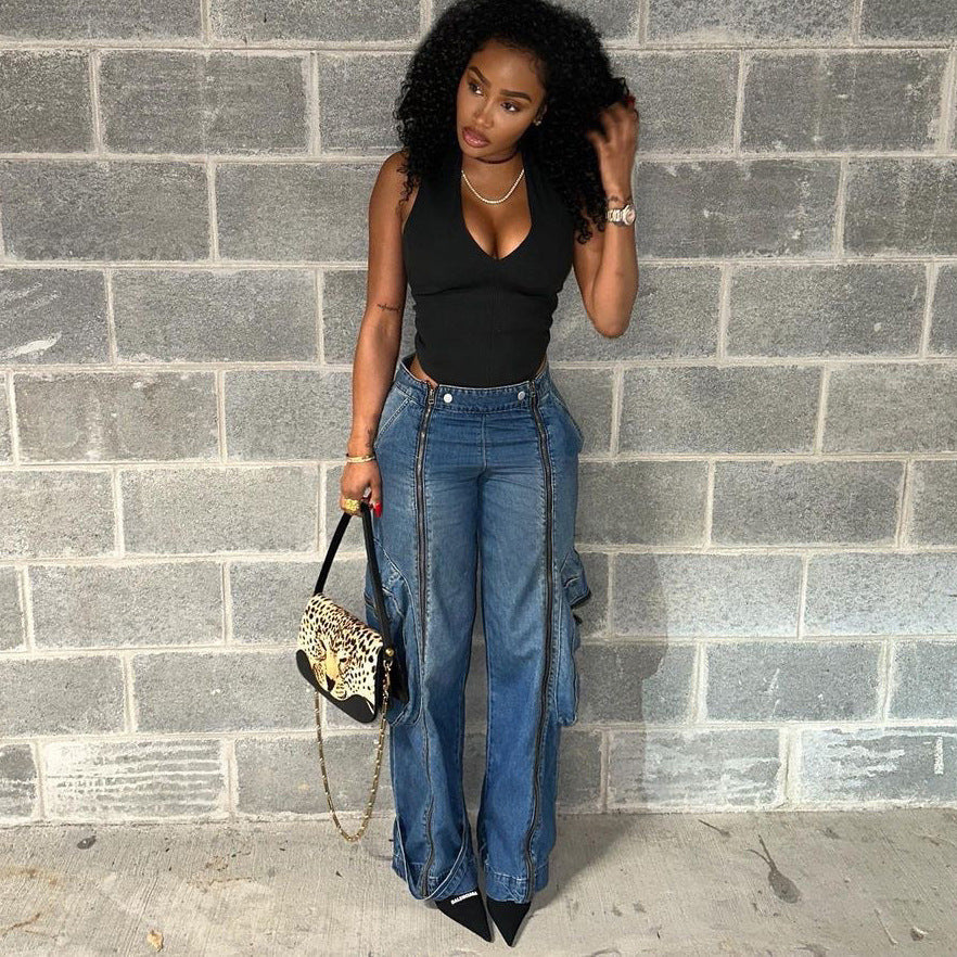 Women's Low Waist Wide Leg Denim Jeans with Zipper - Blue, S-L