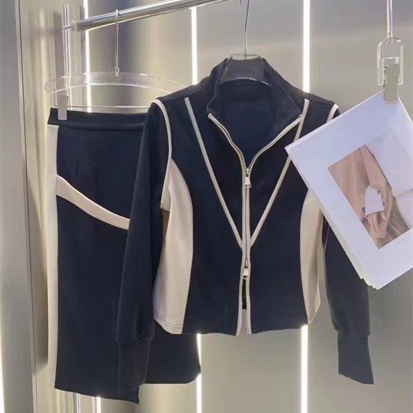 Autumn Black & Camel Top and Skirt Sports Suit for Women